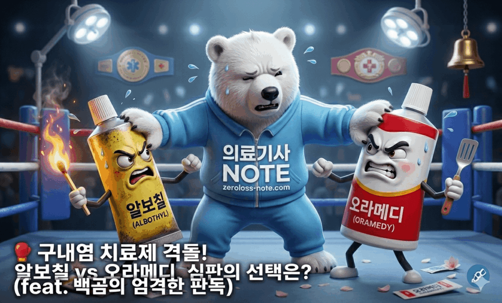 알보칠 VS 오라메디 구내염 치료제 비교 판독을 위해 복싱 링 위에서 심판을 보고 있는 의료기사 백곰 캐릭터 일러스트