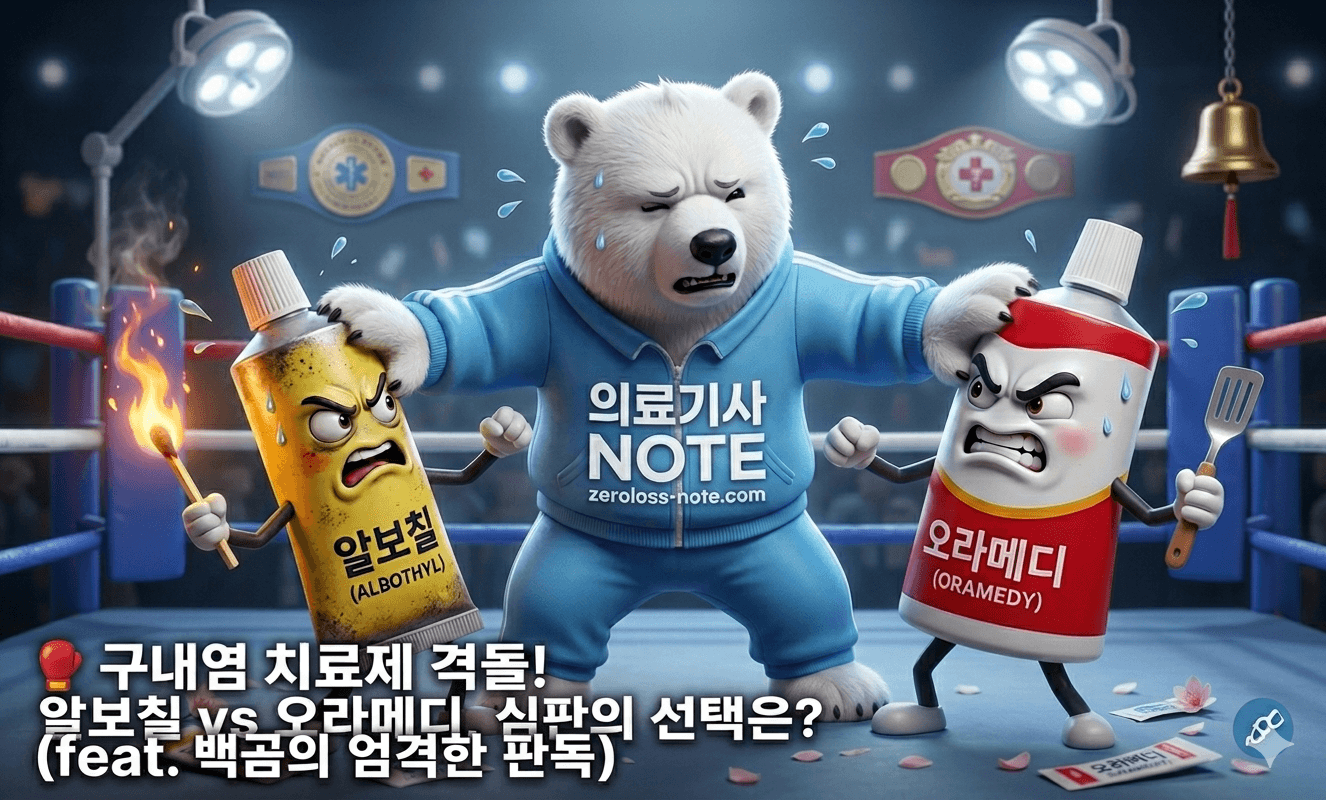 알보칠 VS 오라메디 구내염 치료제 비교 판독을 위해 복싱 링 위에서 심판을 보고 있는 의료기사 백곰 캐릭터 일러스트