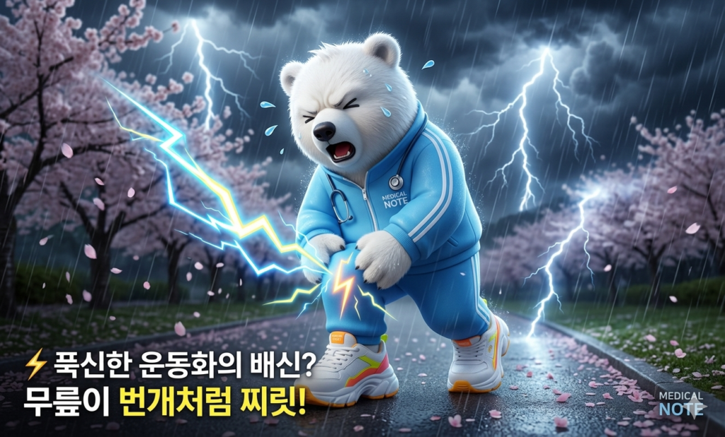 과체중 걷기 상태에서 푹신한 운동화를 신고 걷기 운동을 하던 중 무릎에 번개가 치는 듯한 찌릿한 통증을 느끼는 의료기사 백곰 캐릭터 이미지