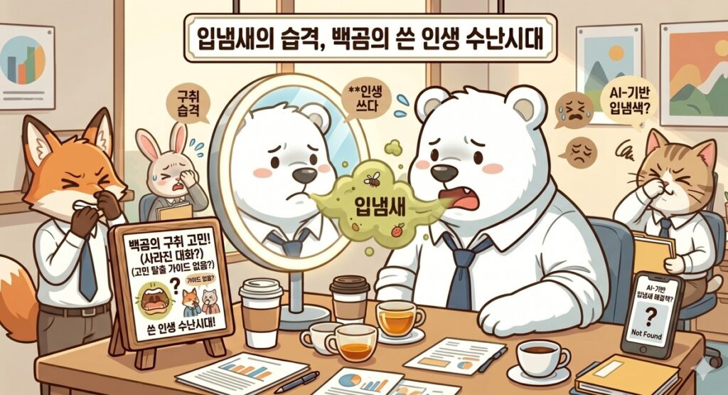 커피를 마신 후 입안의 텁텁함을 느끼며 내 입냄새, 나만 모르나? 간단한 구취 자가진단법 3가지 정보를 확인하는 직장인의 모습