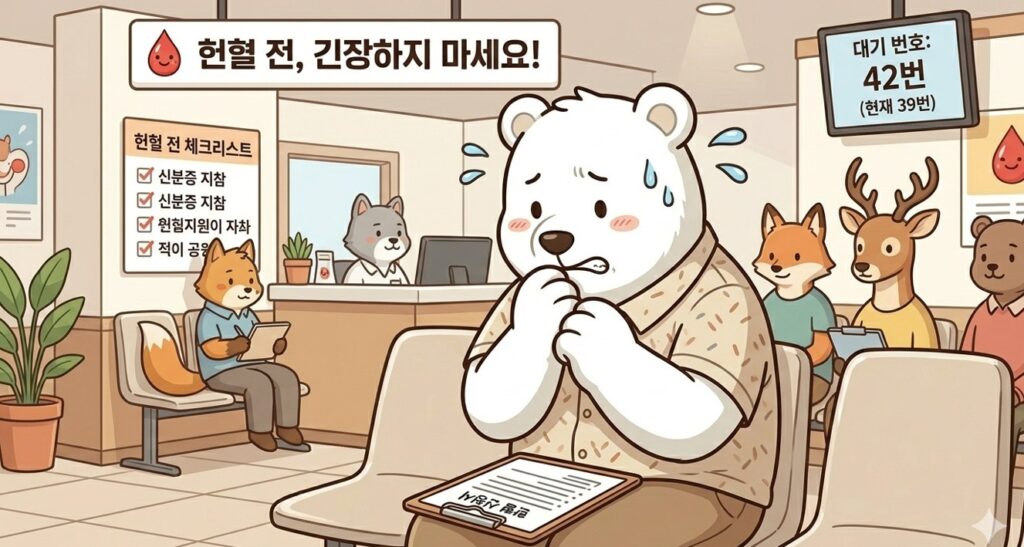 헌혈 전 대기실에서 체크리스트 표지판을 보며 초조해하는 백곰. 벽에는 '헌혈 전 체크리스트'와 '대기 번호'가 표시된 화면이 있는 헌혈 센터 내부 그림.