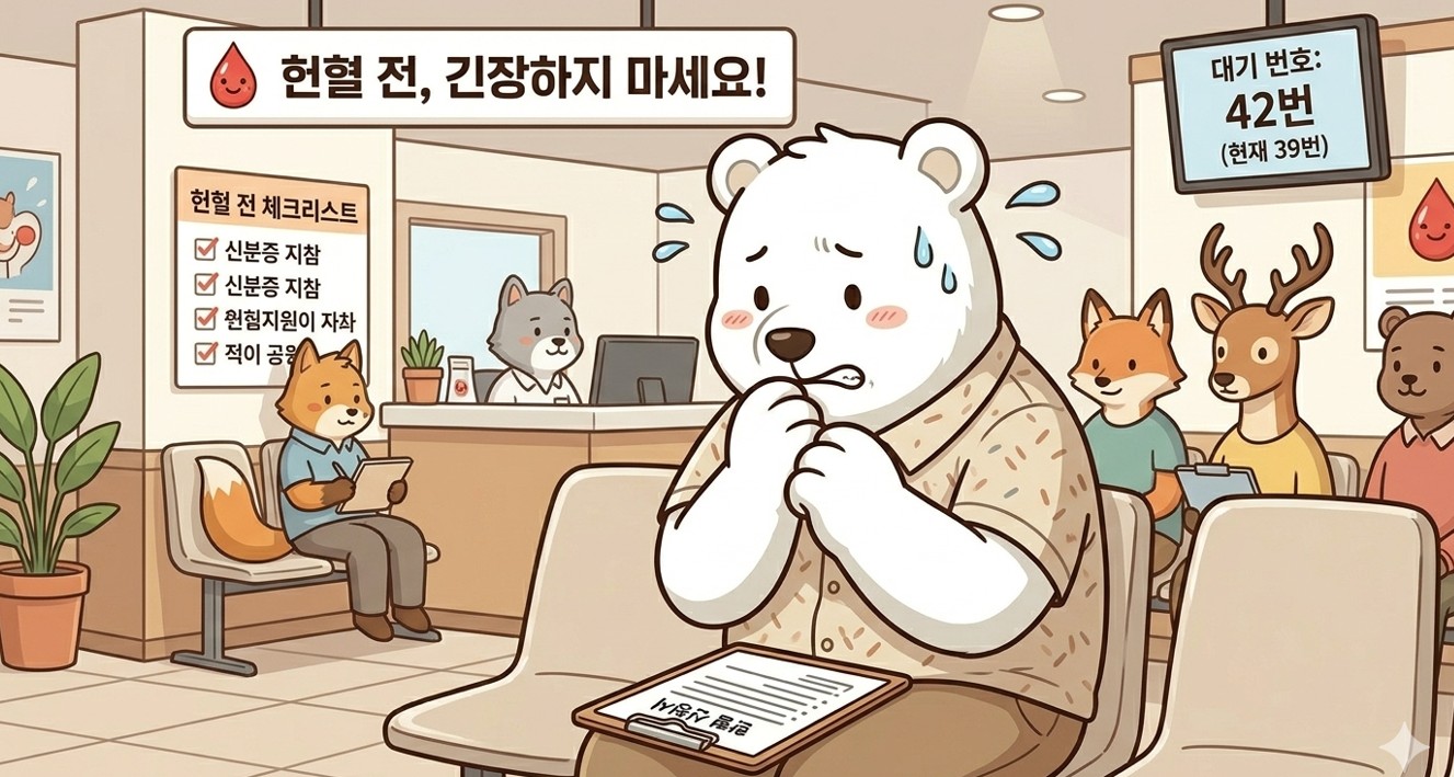 헌혈 전 대기실에서 체크리스트 표지판을 보며 초조해하는 백곰. 벽에는 '헌혈 전 체크리스트'와 '대기 번호'가 표시된 화면이 있는 헌혈 센터 내부 그림.