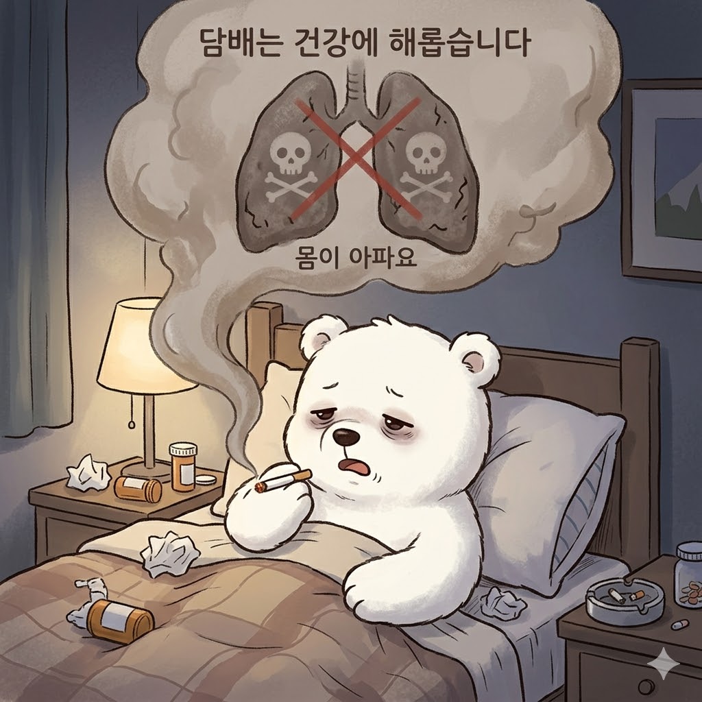 흡연으로 인한 폐 손상과 건강 악화를 시각화하여, 흡연자가 비타민 A를 과잉 섭취 시 겪을 수 있는 폐 건강 위험을 경고하는 병약한 백곰 이미지