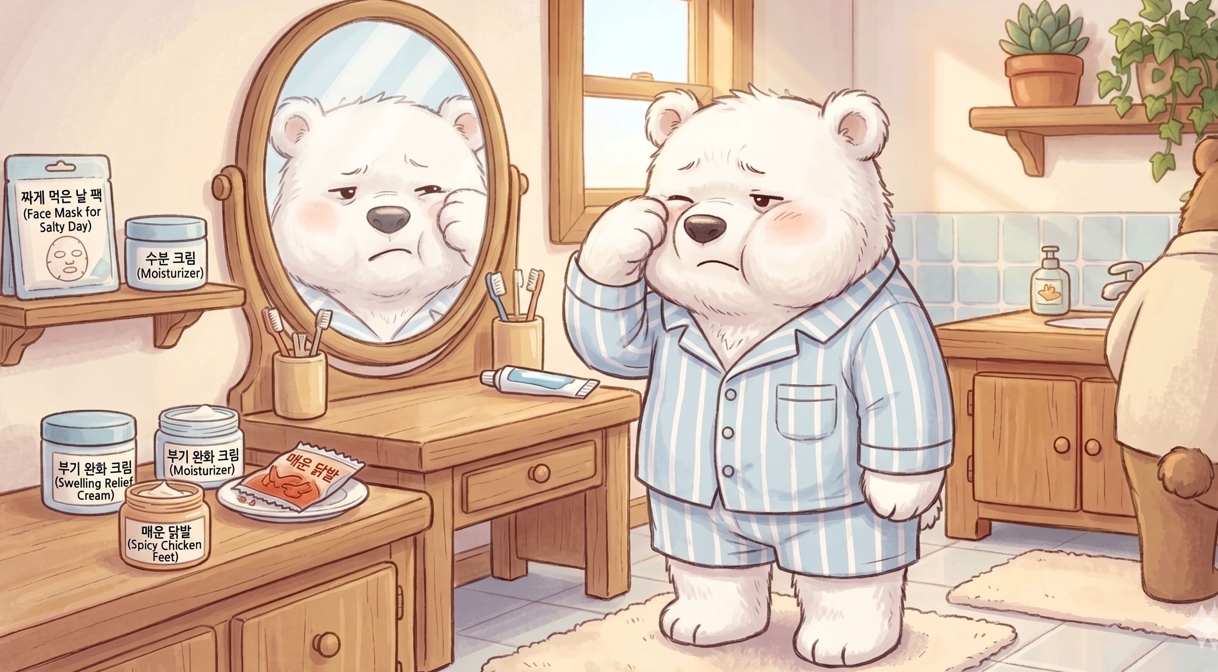 야식 후 보름달처럼 부은 얼굴을 위해 짠 거 먹고 잤을 때 필수! 얼굴 붓기 빼는 음식과 음료 TOP 3 정보를 확인하며 바나나와 호박즙을 준비하는 모습