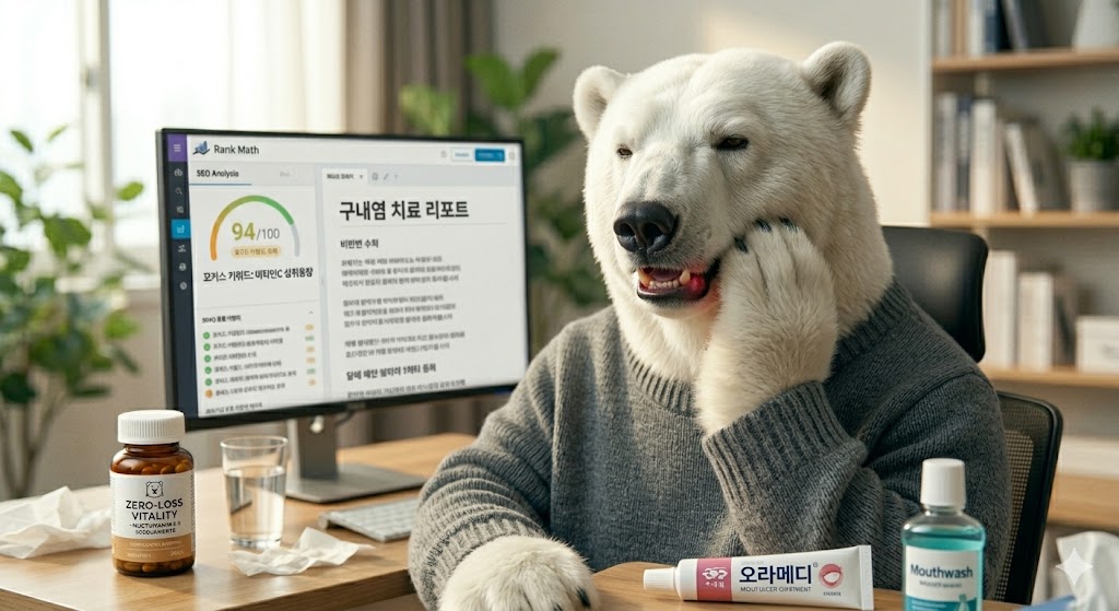 구내염 치료를 위해 알보칠과 오라메디를 사용하는 모습과 구강 건강 관리법을 설명하는 이미지