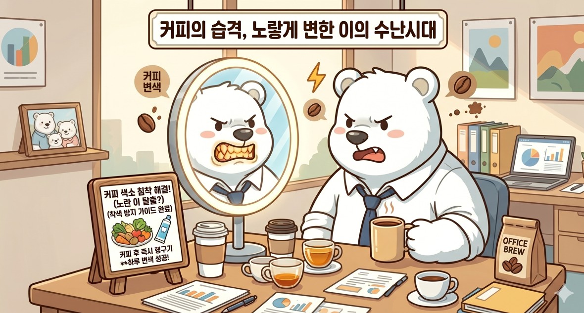 커피 마니아가 빨대를 사용하여 커피를 마시면서도 커피 마니아 필독! 치아 변색 막아주는 미백 치약 사용 꿀팁 정보를 확인하며 치아를 살피는 모습