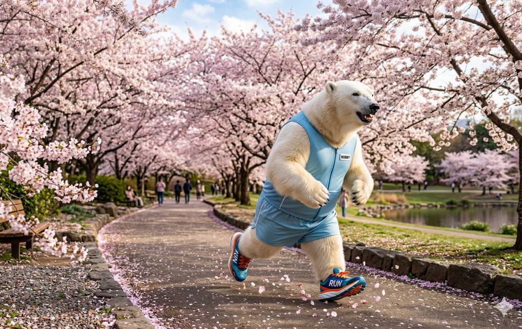 벚꽃 공원에서 운동화를 신고 달리는 백곰 캐릭터 이미지. 내장지방과 HDL 콜레스테롤 수치 개선을 위한 유산소 운동의 중요성을 시각화함.