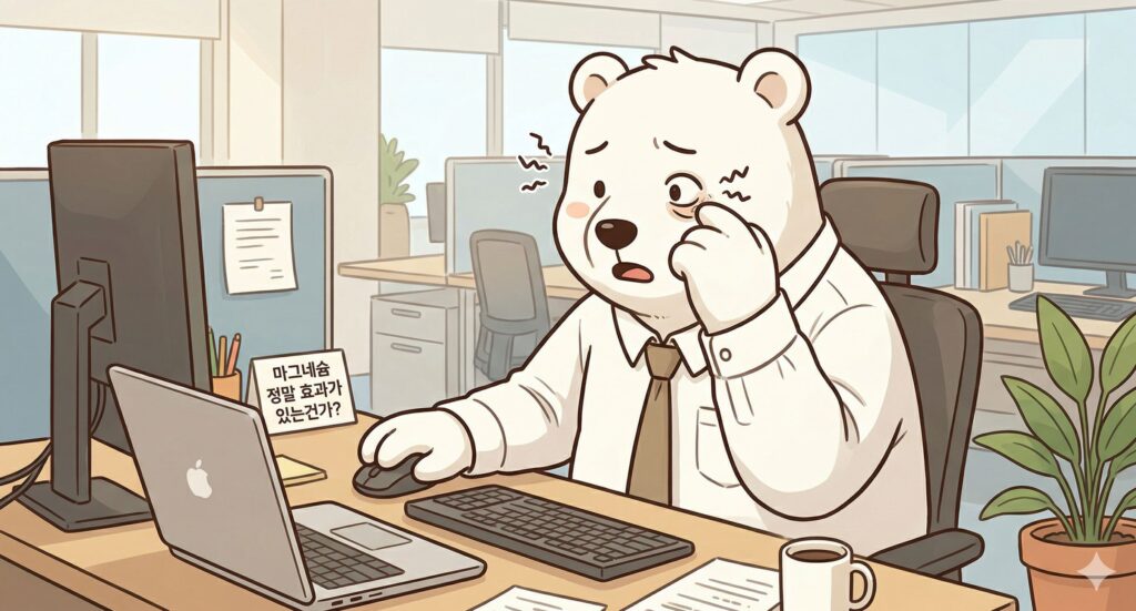 눈 밑 떨림 원인과 마그네슘 부족에 대해 궁금해하며, 사무실에서 일하던 중 눈 경련이 일어나 당황한 백곰 그림