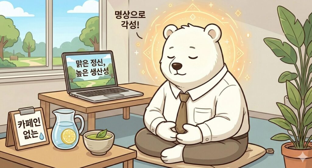 커피 도구 대신 차분한 분위기의 사무실에서, 카페인 없는 음료와 함께 깊은 호흡을 통한 명상으로 각성하여 맑은 정신을 얻은 백곰의 그림