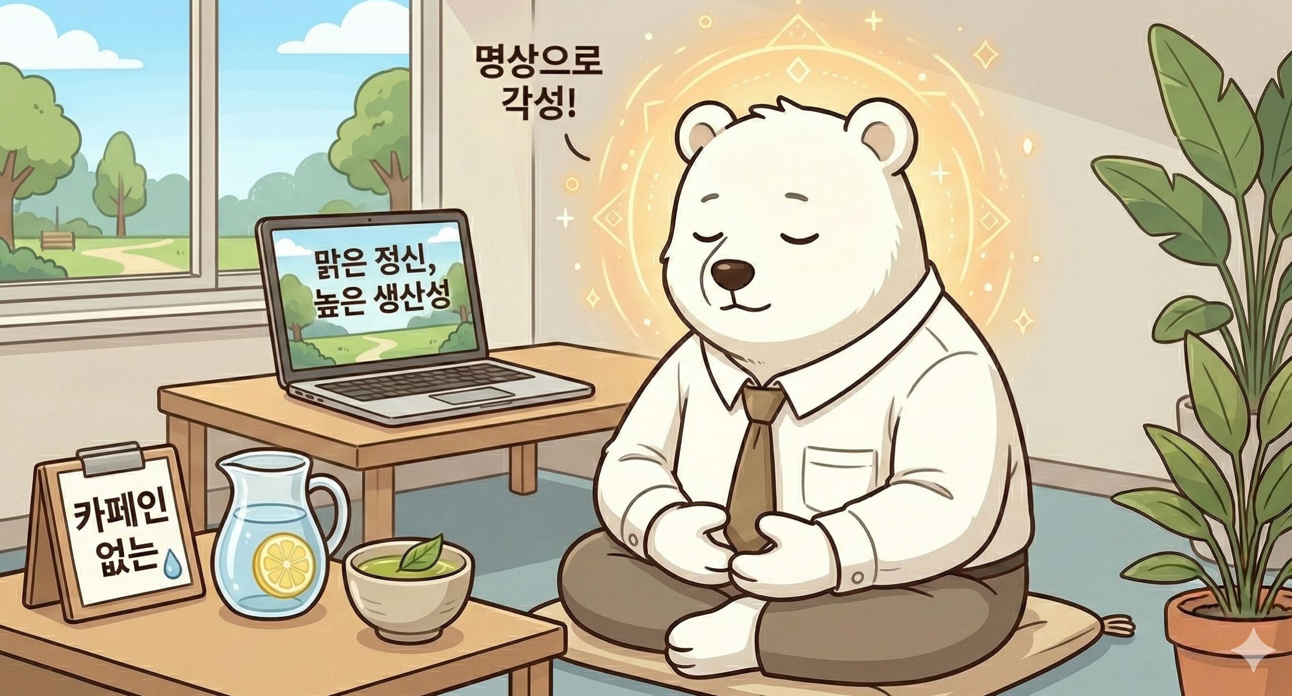 커피 도구 대신 차분한 분위기의 사무실에서, 카페인 없는 음료와 함께 깊은 호흡을 통한 명상으로 각성하여 맑은 정신을 얻은 백곰의 그림