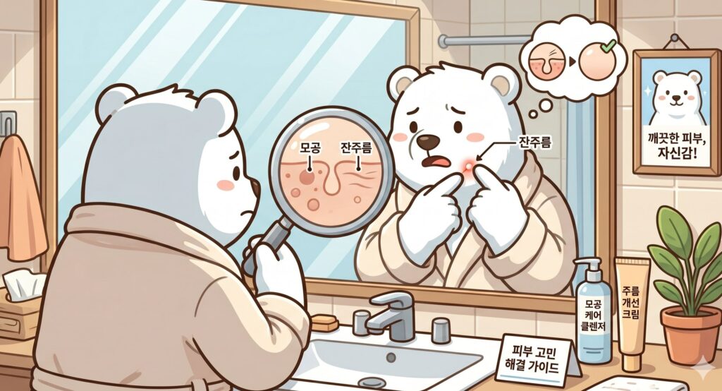 모공과 잔주름 시각적으로 과장하여 보여주며, 세면대 앞 거울에서 여드름을 짜고 고민하는 백곰의 그림