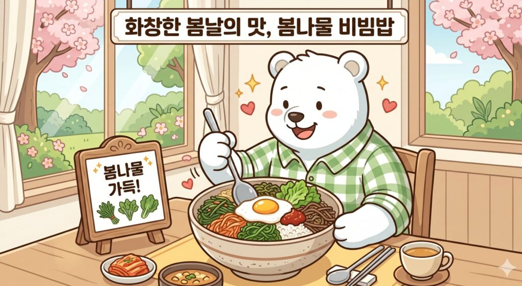 봄나물 가이드 체질별로 골라 먹는자 (냉이, 달래, 쑥) 정보를 바탕으로 구성된 신선한 냉이 무침과 달래장 비빔밥 이미지