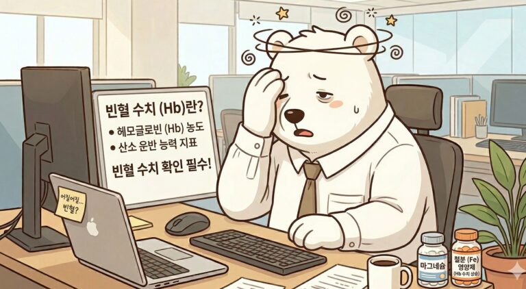 빈혈 수치(Hb)와 헤모글로빈 농도 정보를 확인하며, 철분 부족으로 인한 어지럼증을 호소하는 백곰의 사무실 배경 그림