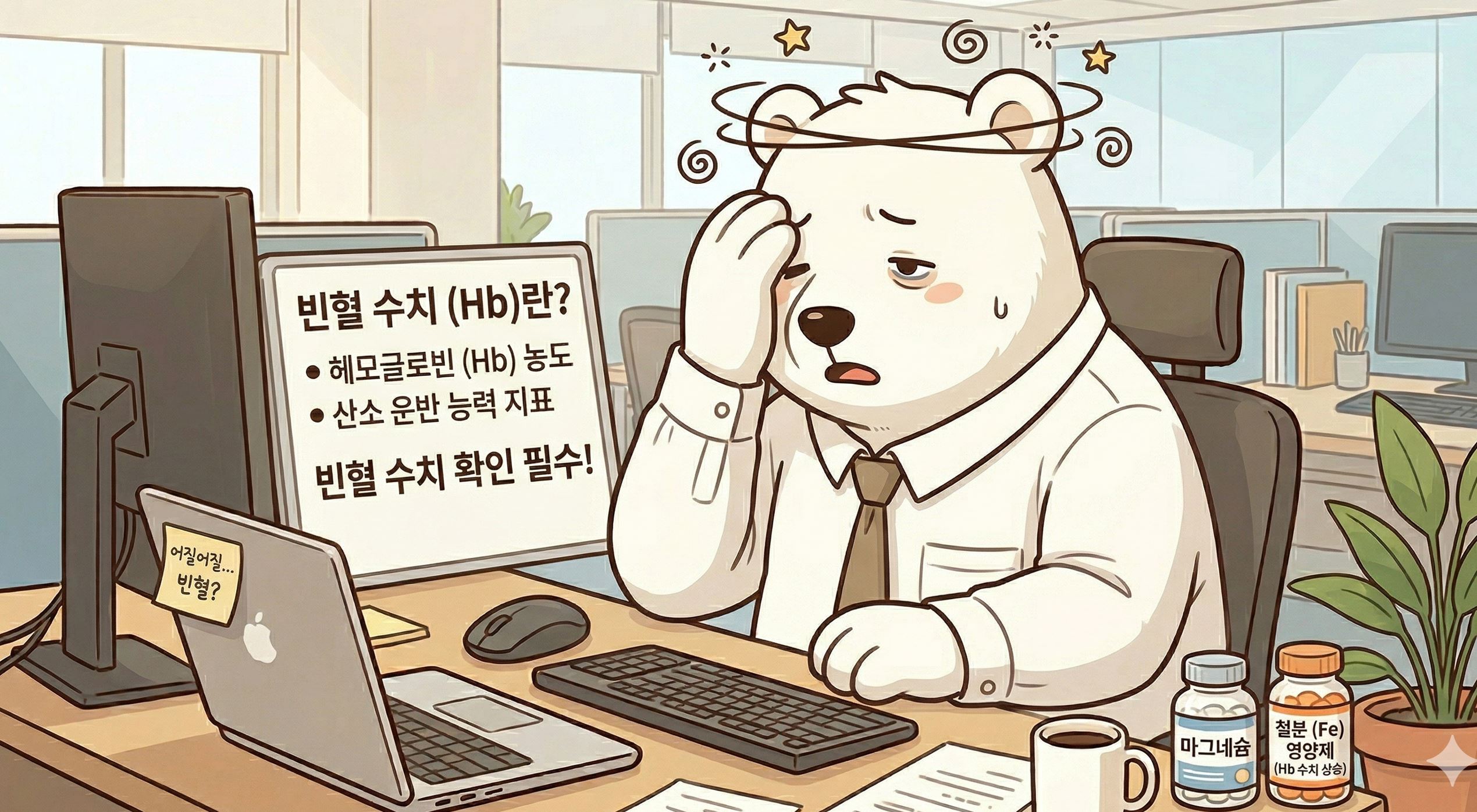빈혈 수치(Hb)와 헤모글로빈 농도 정보를 확인하며, 철분 부족으로 인한 어지럼증을 호소하는 백곰의 사무실 배경 그림
