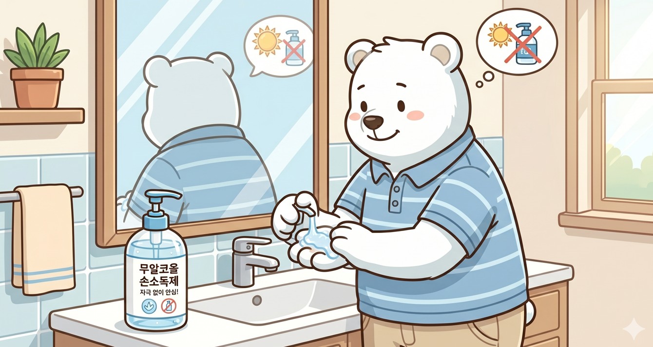 무알코올 손소독제로 손을 소독하는 백곰. 제품 용기에 '자극 없이 안심!' 문구와 알코올 없음 아이콘이 강조된 가정용 손 위생 그림.