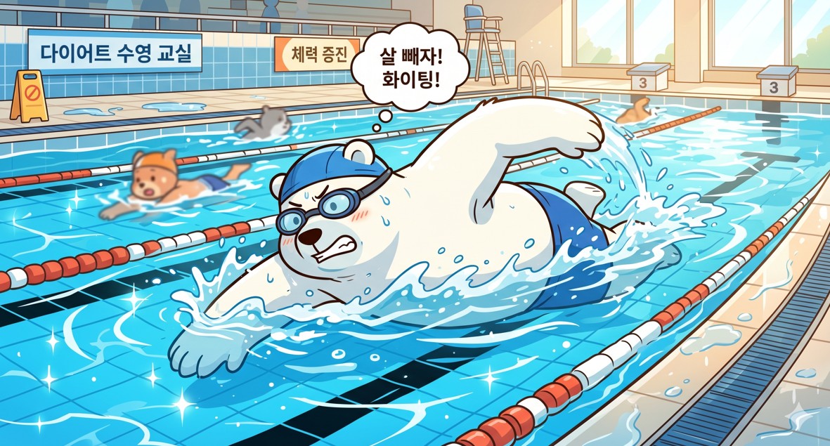 영 다이어트 효과 높이는 시간과 영법 정보를 검색하고 수영을 시작하는 모습