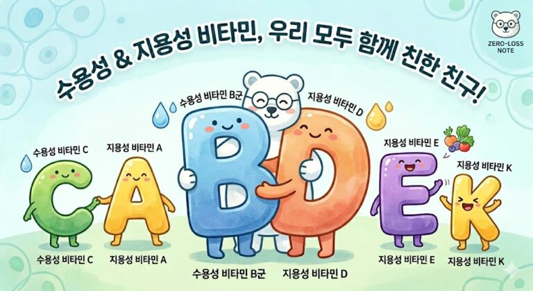 수용성 비타민과 지용성 비타민의 종류 및 차이점을 친근하게 설명하는 알파벳 캐릭터와 백곰 일러스트