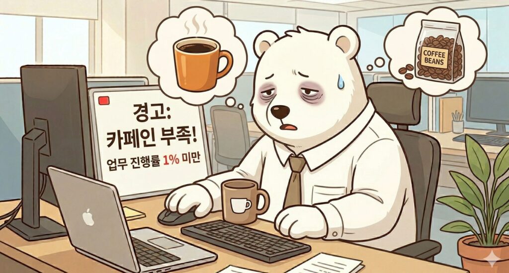 카페인 부족 증상으로 다크서클이 내려온 백곰이 업무 중 커피를 생각하며 집중하지 못하는 사무실 배경 그림