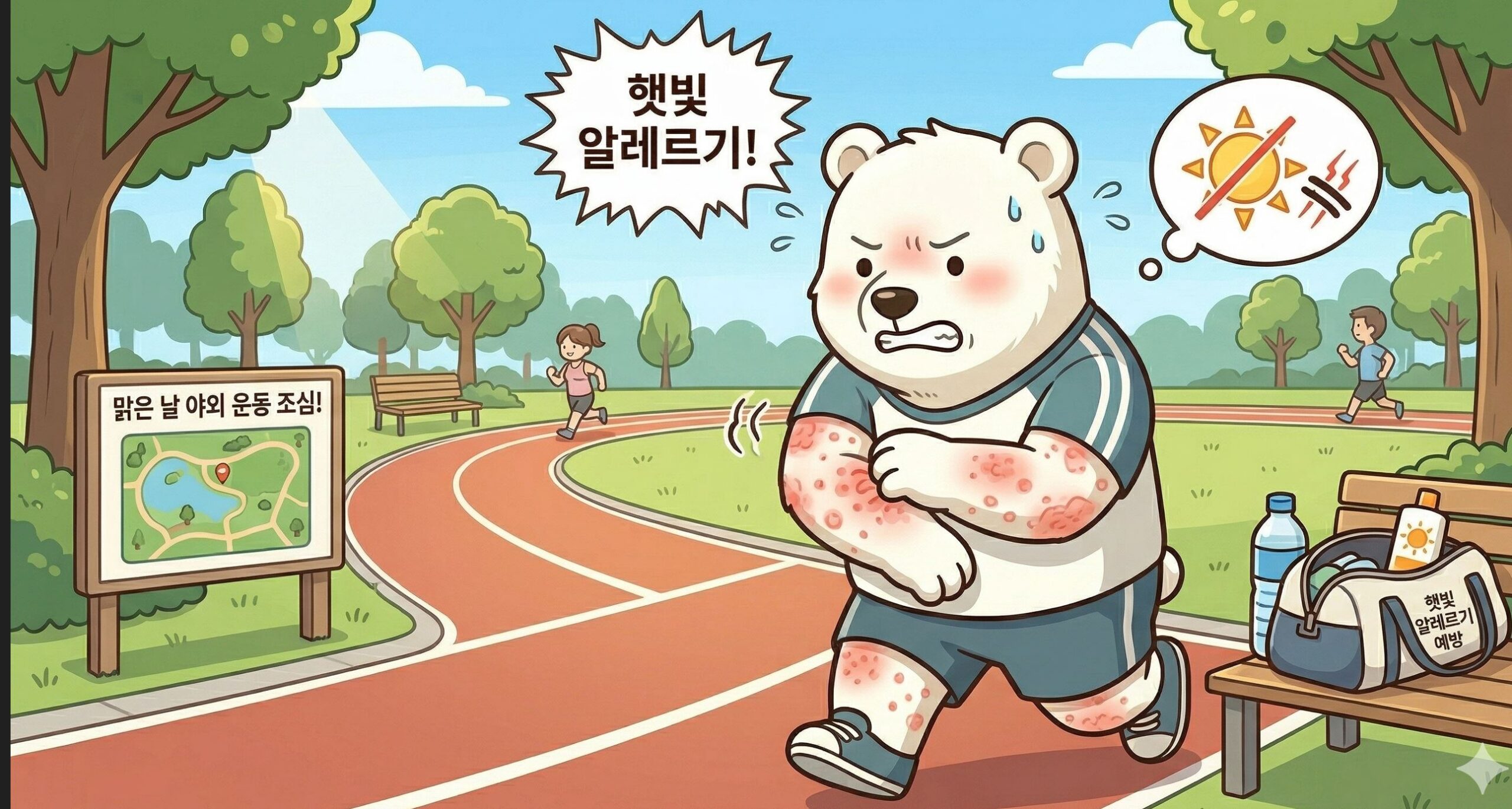 햇빛 알레르기 증상으로 팔과 다리에 붉은 두드러기가 올라와, 강렬한 태양 아래 야외에서 달리기 중 가려움을 호소하는 백곰의 그림