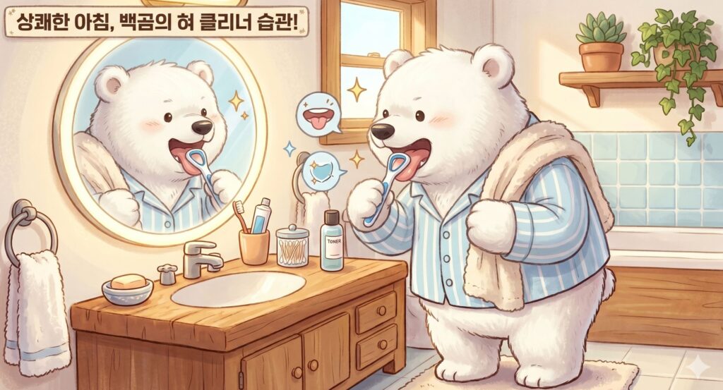 칫솔질 중 헛구역질로 고생하던 사람이 혀 클리너 하나로 입냄새 90% 사라진다? 올바른 사용법 정보를 확인하고 혀 클리너를 사용하는 모습