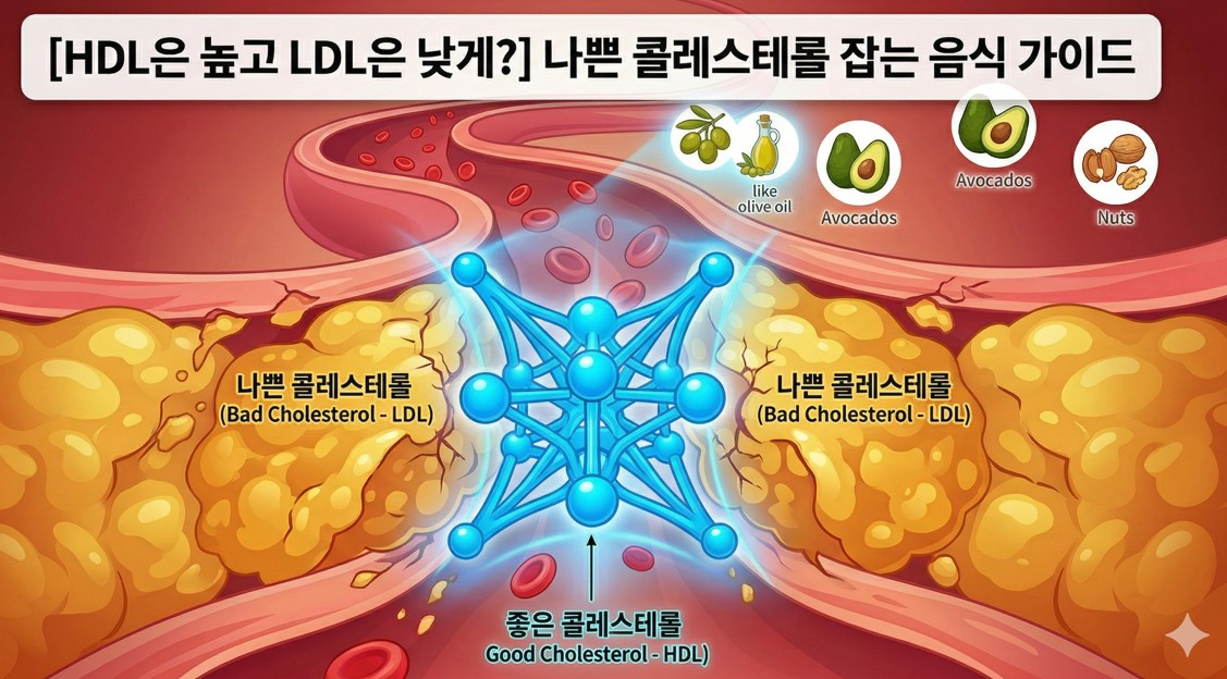 HDL은 높고 LDL은 낮게 관리하는 원리를 설명하는 혈관 인포그래픽. 나쁜 콜레스테롤(LDL)이 쌓인 혈관을 좋은 콜레스테롤(HDL)이 지탱하여 혈류를 확보하는 모습과 아보카도, 견과류 등 도움 되는 음식 가이드